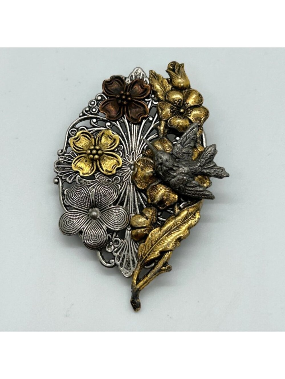 Vintage Mixed Metal Brooch Hummingbird Floral Filigree Flower Statement Bird Pin